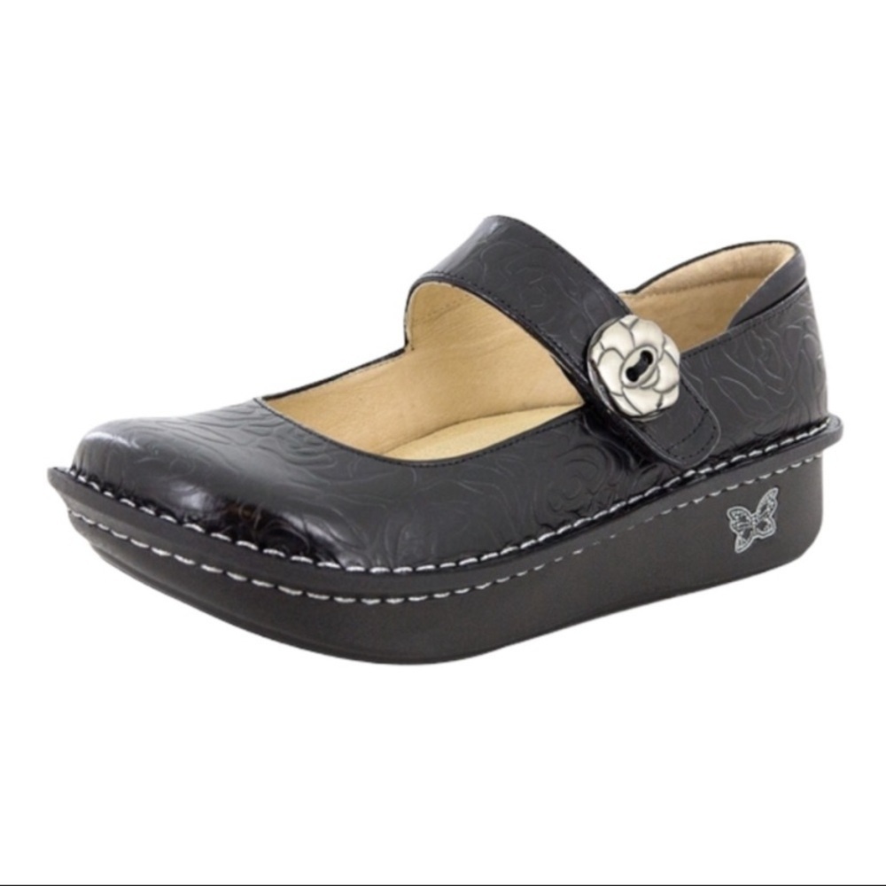 Alegria Paloma Floral Rose Embossed Mary Jane Shoes Black Leather Women’s Size 7